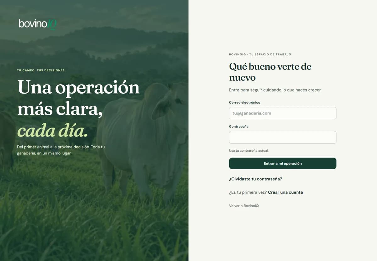 Formulario de acceso: correo, contraseña y enlace para recuperar el acceso.