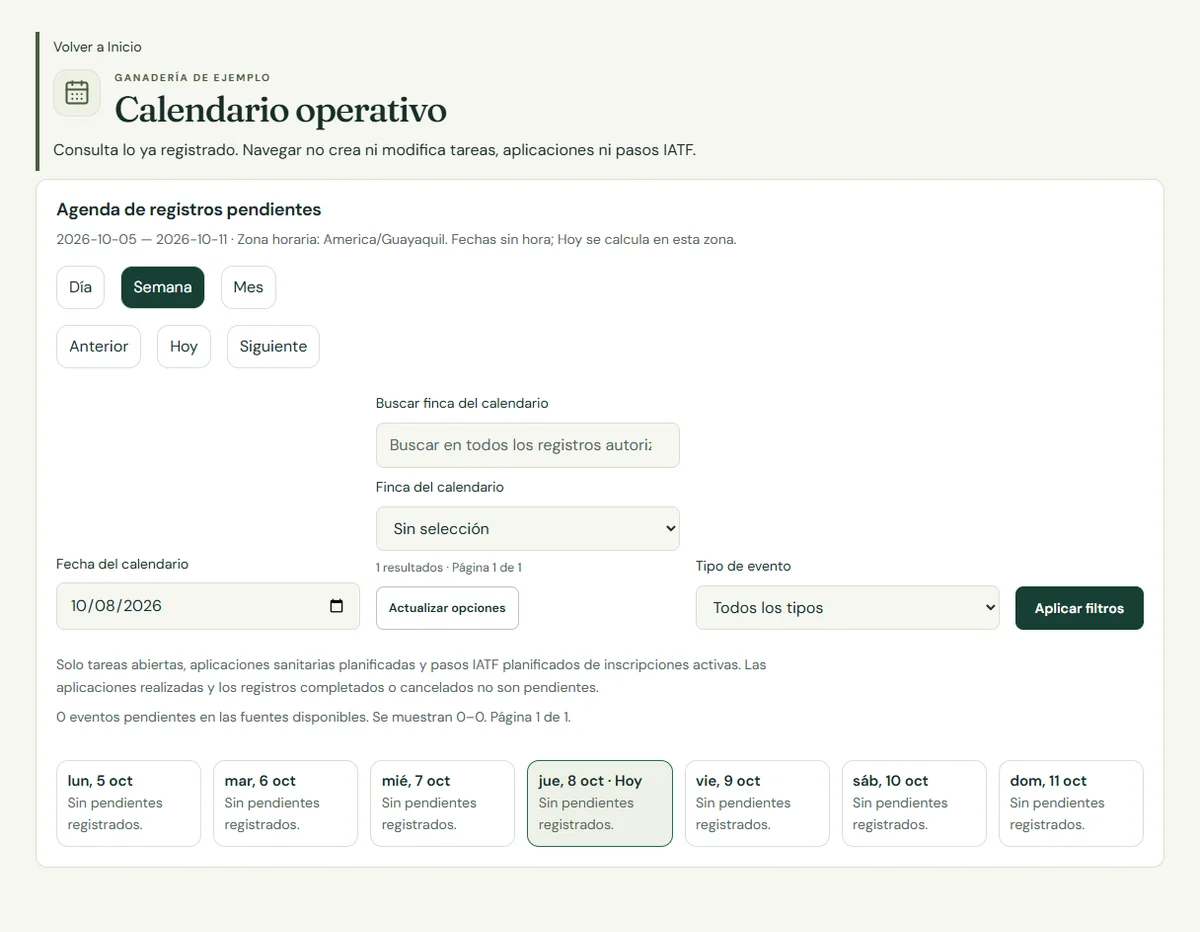 Calendario operativo y filtros; una operación nueva todavía no tiene eventos.