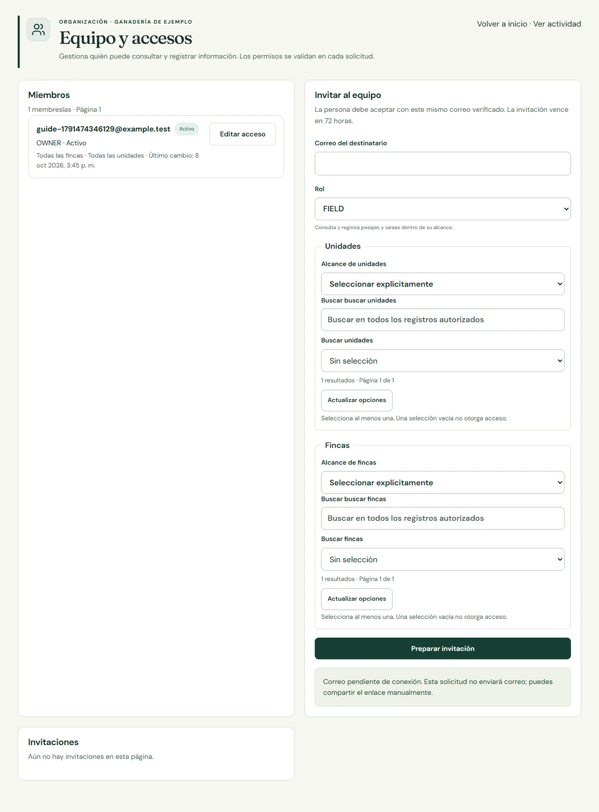 Equipo y accesos: permisos e invitación antes de generar o compartir un enlace.