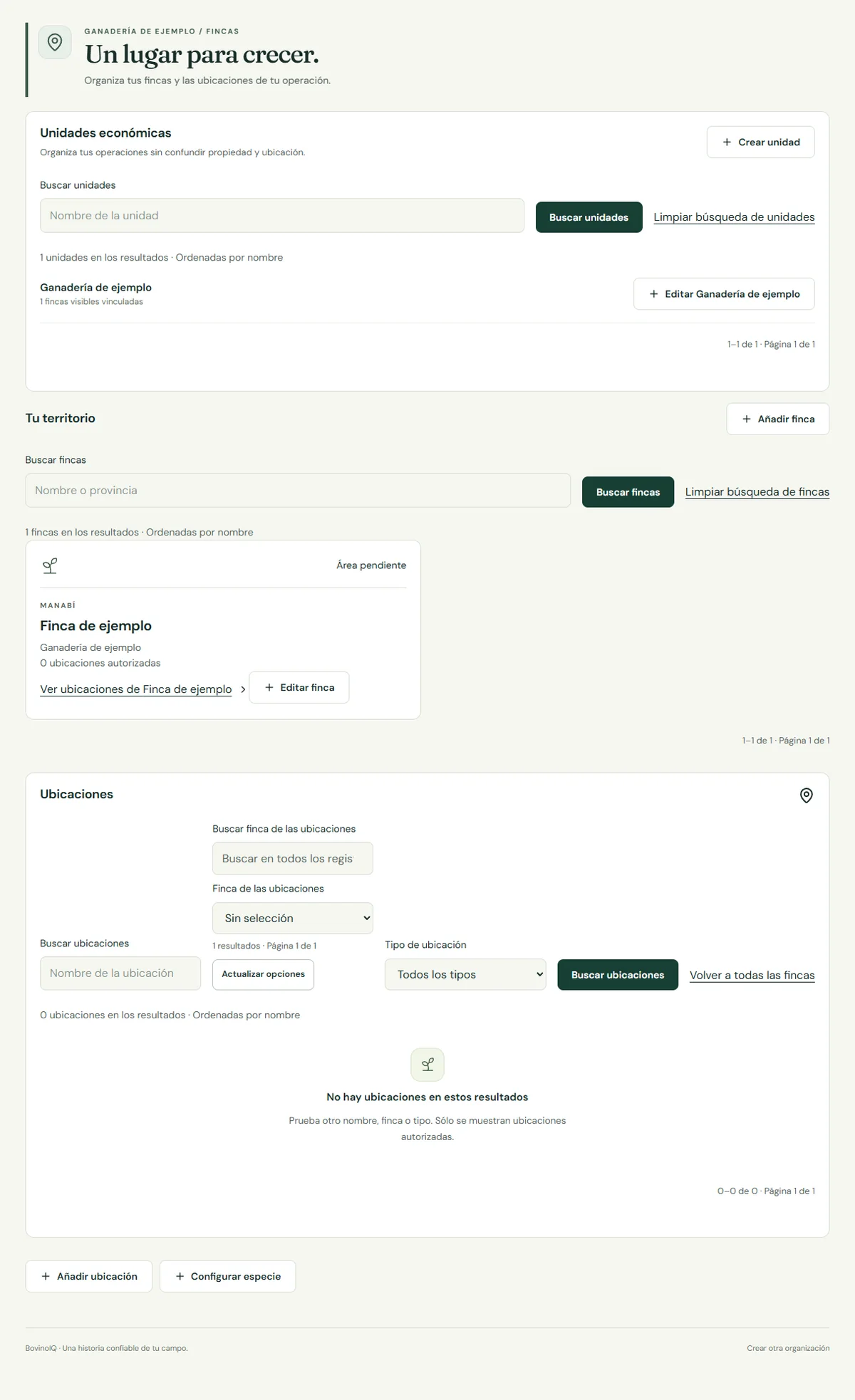 Fincas: la finca de ejemplo guardada y las acciones disponibles.