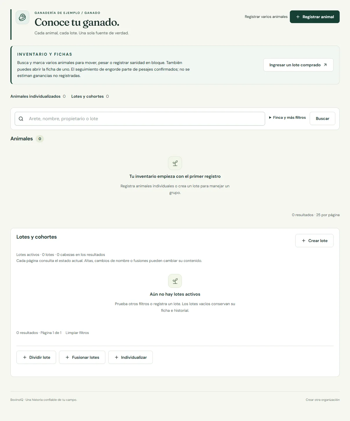 Ganado: opciones para registrar animales, ingresar varios animales y crear lotes.